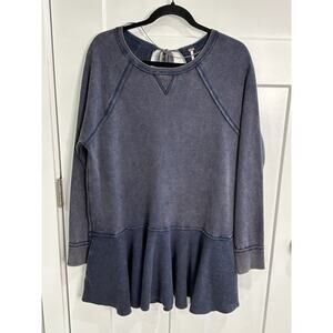 Free People Mini Sweater Dress Sz M Boho Oversized Open Tie back Washed Blue
